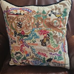 Embroidered Oregon Map Accent Pillow - Multi-Color